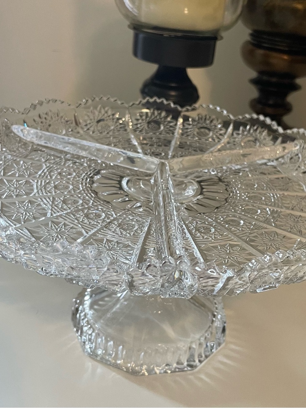 Clear Pressed Glass Divided Pedestal Serving Dish